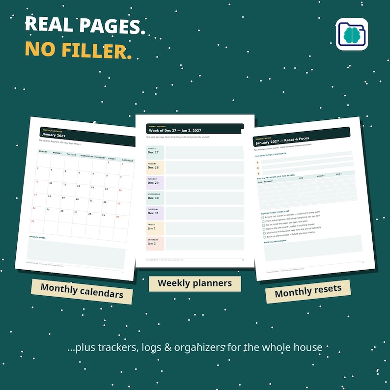 May include: Three planner pages displayed against a dark green background. The left page shows a January 2027 monthly calendar. The center page is a weekly planner for Dec 27 to Jan 2. The right page is a January 2027 reset and focus sheet.