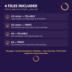 May include: A dark purple digital file information graphic with the text 4 FILES INCLUDED. It lists four options: US Letter Fillable, US Letter Print, A4 Fillable, and A4 Print, with descriptions for each. The bottom text reads 59 pages, instant download, undated, start any day, print fresh copies for every new reset.