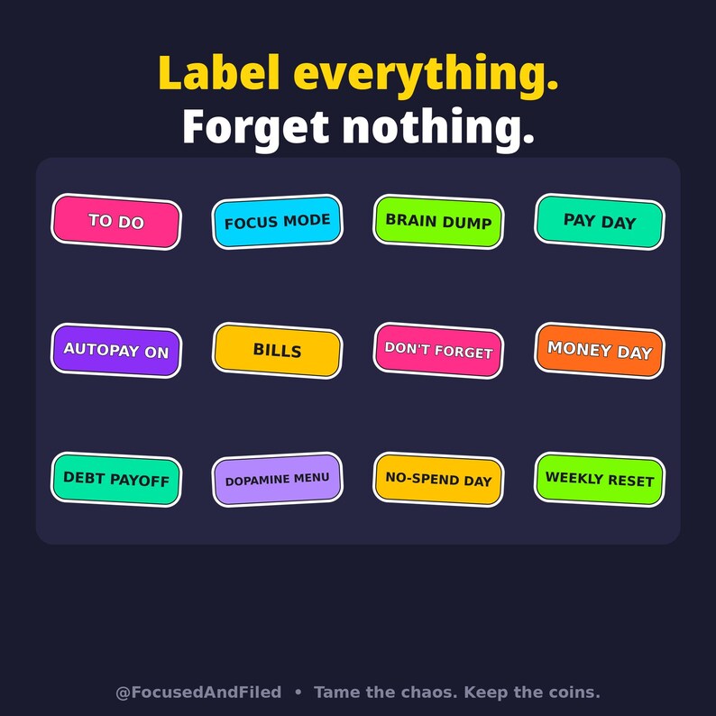 May include: A set of twelve rectangular stickers with rounded corners, each featuring white text on a solid colored background. The labels read: TO DO, FOCUS MODE, BRAIN DUMP, PAY DAY, AUTOPAY ON, BILLS, DON'T FORGET, MONEY DAY, DEBT PAYOFF, DOPAMINE MENU, NO-SPEND DAY, and WEEKLY RESET.
