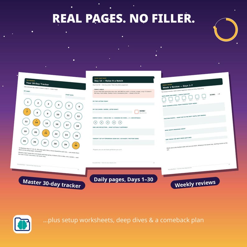 May include: Three white pages from a habit tracker planner featuring the text REAL PAGES. NO FILLER. The pages include a 30-day tracker with numbered circles, a daily page titled Day 15 - Raise It a Notch, and a Week 1 Review page for days 1-7.