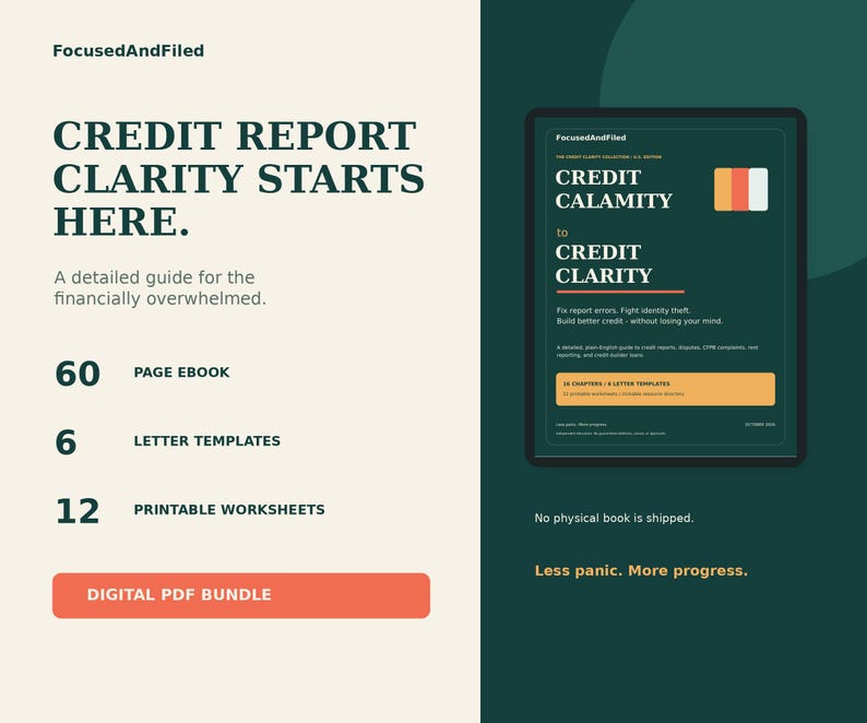Peut inclure: Un ensemble PDF num&eacute;rique intitul&eacute; Credit Report Clarity Starts Here, comprenant un ebook de 60 pages, 6 mod&egrave;les de lettres et 12 feuilles de travail imprimables. La couverture affiche le texte Credit Calamity to Credit Clarity sur fond vert.