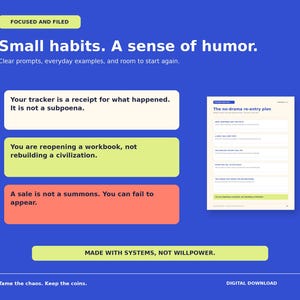 Puede incluir: Un gr&aacute;fico de descarga digital con el texto Focused and Filed, Small habits. A sense of humor. y Made with systems, not willpower. Incluye tres cuadros de texto de colores con frases motivadoras y una vista previa de un plan de reingreso sin drama.