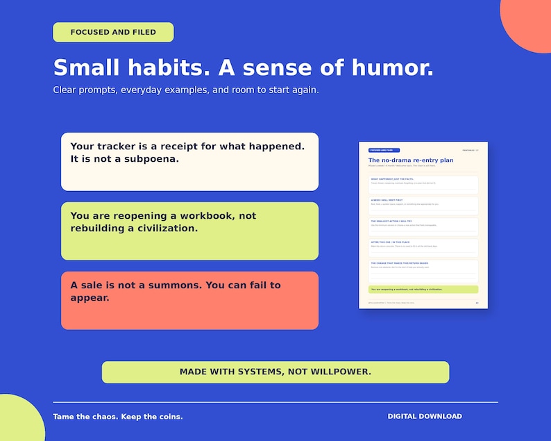 Puede incluir: Un gr&aacute;fico de descarga digital con el texto Focused and Filed, Small habits. A sense of humor. y Made with systems, not willpower. Incluye tres cuadros de texto de colores con frases motivadoras y una vista previa de un plan de reingreso sin drama.