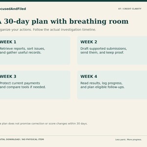 Peut inclure: Un document num&eacute;rique intitul&eacute; A 30-day plan with breathing room par FocusedAndFiled. Il pr&eacute;sente un calendrier de quatre semaines pour la clart&eacute; du cr&eacute;dit, incluant des t&acirc;ches comme r&eacute;cup&eacute;rer des rapports, r&eacute;diger des soumissions et suivre les progr&egrave;s.