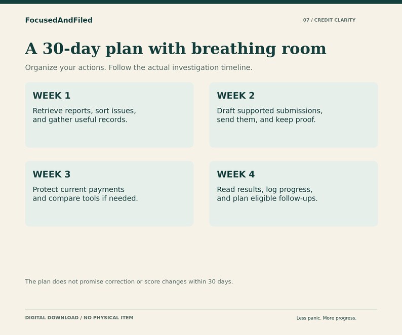 Peut inclure: Un document num&eacute;rique intitul&eacute; A 30-day plan with breathing room par FocusedAndFiled. Il pr&eacute;sente un calendrier de quatre semaines pour la clart&eacute; du cr&eacute;dit, incluant des t&acirc;ches comme r&eacute;cup&eacute;rer des rapports, r&eacute;diger des soumissions et suivre les progr&egrave;s.