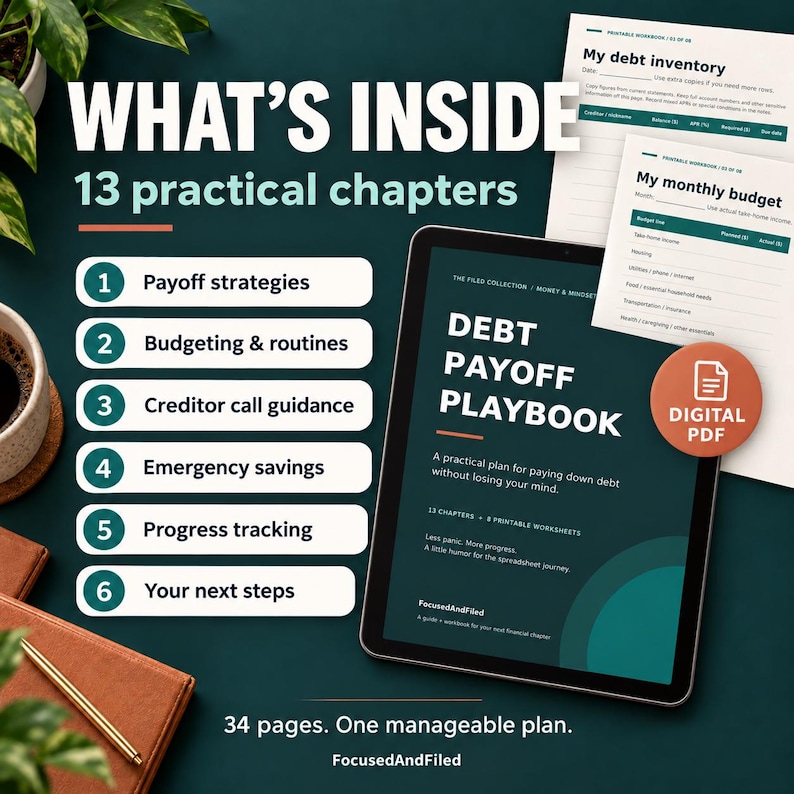 K&ouml;nnte beinhalten: Ein digitales Tablet zeigt das Debt Payoff Playbook mit 13 Kapiteln und 8 druckbaren Arbeitsbl&auml;ttern. Der Bildschirm zeigt Text wie Payoff strategies, Budgeting & routines und Creditor call guidance. Ein digitales PDF-Abzeichen ist sichtbar.