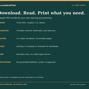 Peut inclure: Une fiche d'information num&eacute;rique PDF vert fonc&eacute; intitul&eacute;e FocusedAndFiled 10 / CREDIT CLARITY. Elle d&eacute;taille les points suivants : Download. Read. Print what you need, format, navigation, printing, access, scope et expectations.