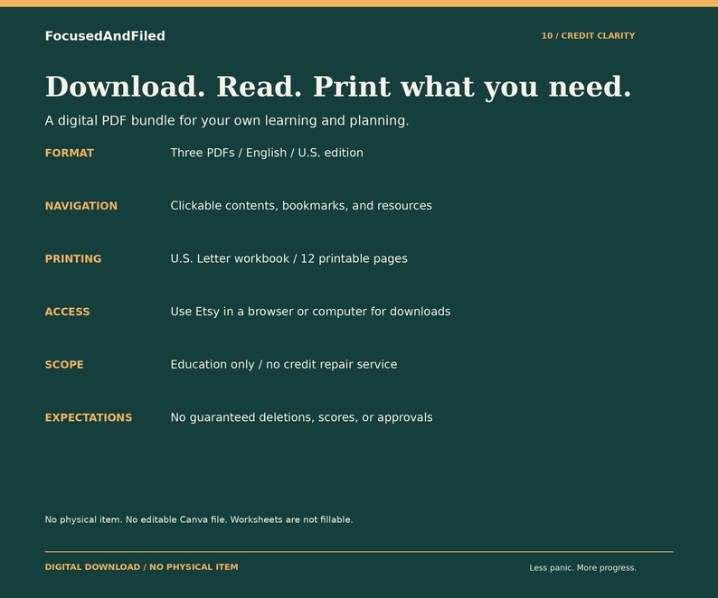Peut inclure: Une fiche d'information num&eacute;rique PDF vert fonc&eacute; intitul&eacute;e FocusedAndFiled 10 / CREDIT CLARITY. Elle d&eacute;taille les points suivants : Download. Read. Print what you need, format, navigation, printing, access, scope et expectations.