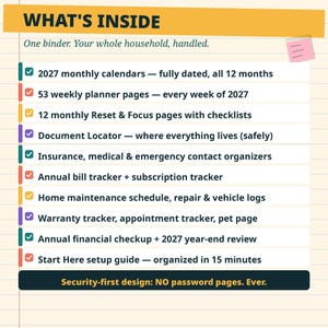 May include: A list titled WHAT'S INSIDE detailing household binder contents for 2027. Items include monthly calendars, weekly planner pages, reset pages, document locator, insurance and emergency organizers, bill and subscription trackers, maintenance logs, and a setup guide.