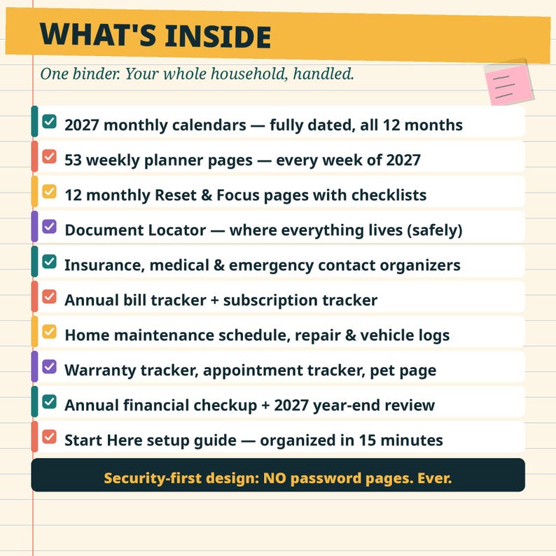 May include: A list titled WHAT'S INSIDE detailing household binder contents for 2027. Items include monthly calendars, weekly planner pages, reset pages, document locator, insurance and emergency organizers, bill and subscription trackers, maintenance logs, and a setup guide.