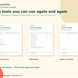 May include: A printable workbook titled FocusedAndFiled featuring 14 tools for handwriting. Three white pages display financial worksheets: The money leak audit, Payday cash-flow plan, and The 72-hour wish list, with a low-ink layout design.