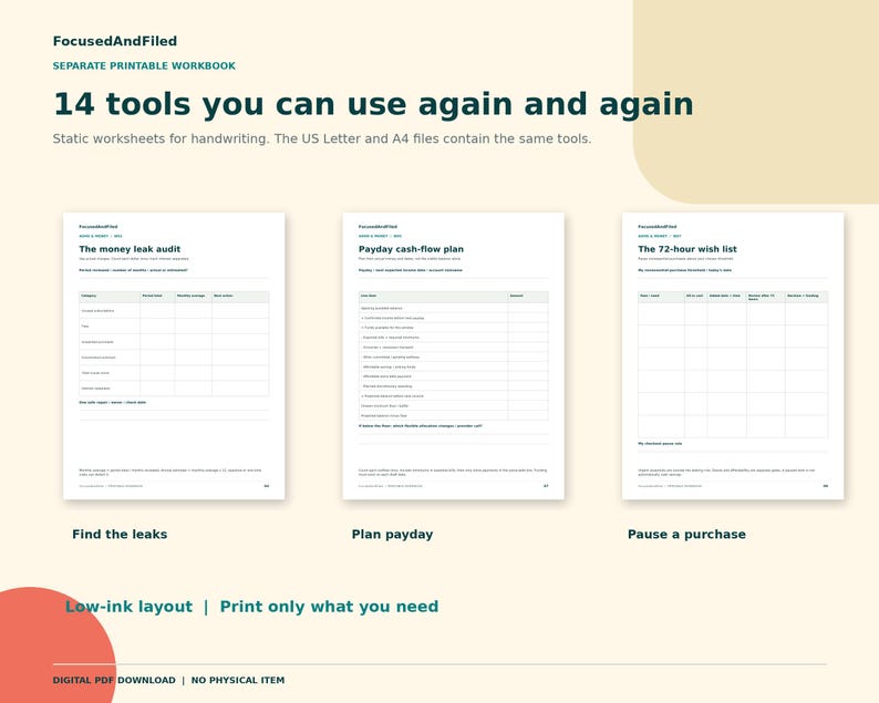 May include: A printable workbook titled FocusedAndFiled featuring 14 tools for handwriting. Three white pages display financial worksheets: The money leak audit, Payday cash-flow plan, and The 72-hour wish list, with a low-ink layout design.