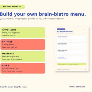 Puede incluir: Una plantilla de descarga digital titulada Build your own brain-bistro menu con secciones para Appetizers, Entrees, Desserts y Sides. El documento incluye una hoja de trabajo My dopamine menu con l&iacute;neas en blanco para anotar opciones.
