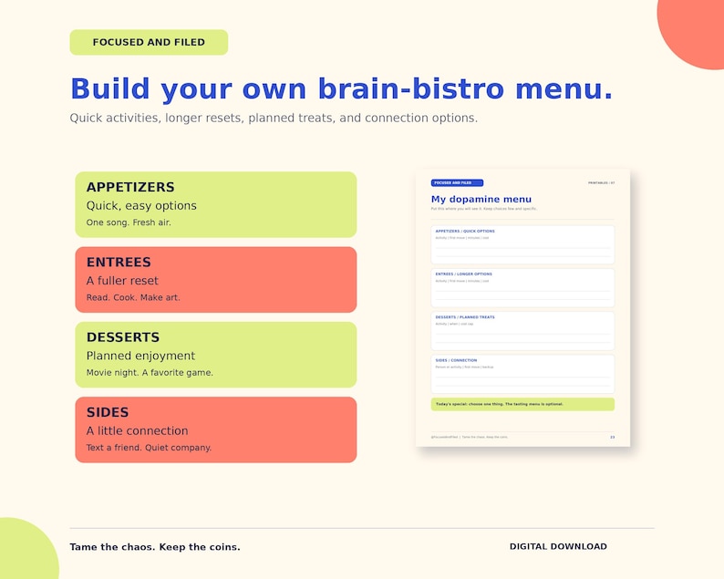 Puede incluir: Una plantilla de descarga digital titulada Build your own brain-bistro menu con secciones para Appetizers, Entrees, Desserts y Sides. El documento incluye una hoja de trabajo My dopamine menu con l&iacute;neas en blanco para anotar opciones.