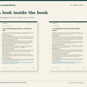 Peut inclure: Deux pages d'un livre num&eacute;rique intitul&eacute; FocusedAndFiled, avec des en-t&ecirc;tes vert fonc&eacute; et du texte noir sur fond cr&egrave;me. La page de gauche est intitul&eacute;e A focused dispute beats a dramatic one, et celle de droite A complaint narrative that makes sense.