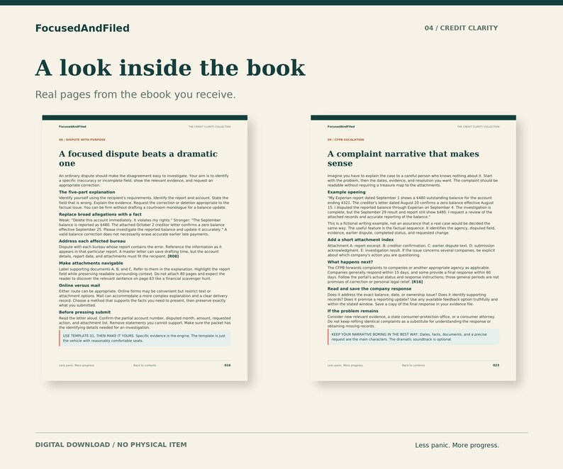 Peut inclure: Deux pages d'un livre num&eacute;rique intitul&eacute; FocusedAndFiled, avec des en-t&ecirc;tes vert fonc&eacute; et du texte noir sur fond cr&egrave;me. La page de gauche est intitul&eacute;e A focused dispute beats a dramatic one, et celle de droite A complaint narrative that makes sense.