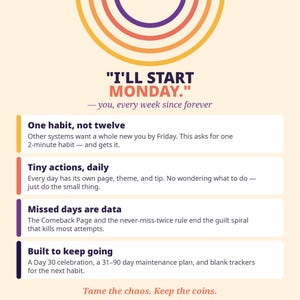 May include: A graphic with a rainbow arch at the top and the text I'LL START MONDAY. &mdash; you, every week since forever. Below are four white rectangular boxes with dark text outlining habit strategies: One habit, not twelve, Tiny actions, daily, Missed days are data, and Built to keep going. The bottom text reads Tame the chaos. Keep the coins.