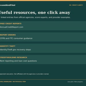 Peut inclure: Un guide de ressources num&eacute;rique vert fonc&eacute; intitul&eacute; Useful resources, one click away. Il r&eacute;pertorie 33 entr&eacute;es li&eacute;es, notamment Free Credit Reports, Report Errors, Identity Theft et Credit-Building Research avec des liens.