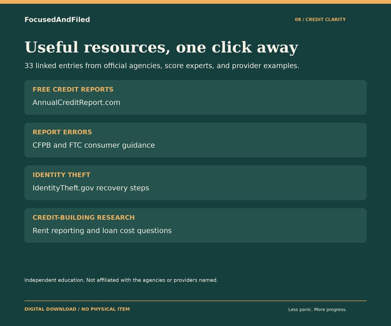 Peut inclure: Un guide de ressources num&eacute;rique vert fonc&eacute; intitul&eacute; Useful resources, one click away. Il r&eacute;pertorie 33 entr&eacute;es li&eacute;es, notamment Free Credit Reports, Report Errors, Identity Theft et Credit-Building Research avec des liens.