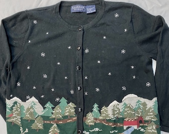 Vintage Christmas Black Woodland Cardigan Size Small