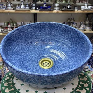 Lavabo redondo de cerámica marroquí, azul o azul turquesa, lavabo de baño con acabado esmaltado texturizado, 41 cm.