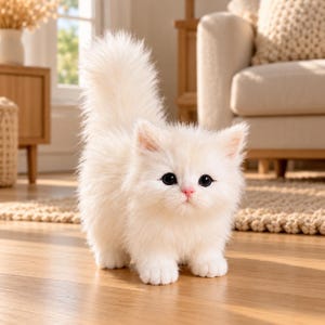 May include: A small, fluffy white kitten with long fur, a high-standing tail, large dark eyes, and a small pink nose. The kitten is standing on a wooden floor, displaying a soft, dense coat and a rounded, compact body shape.