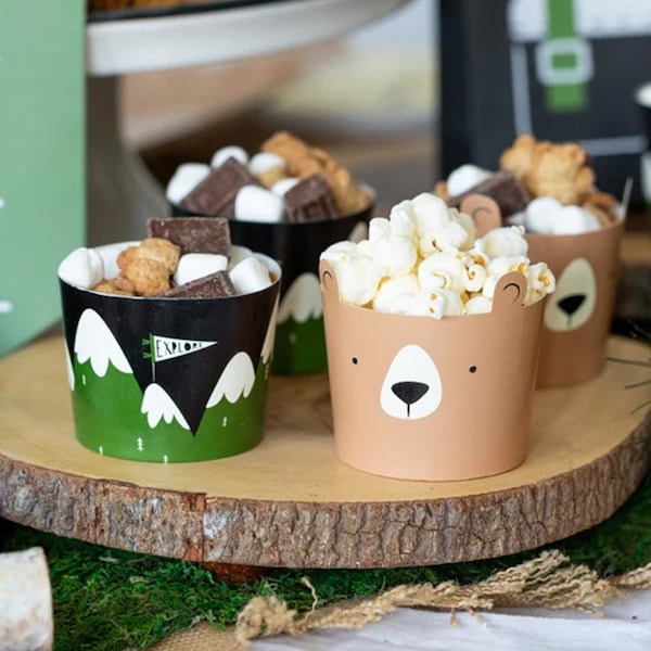 Treat Cups, Cupcake Baking Cups, Adventure Camping Birthday Party, Woodland Baby Shower, One Happy Camper, Wilderness Outdoors Theme Decor