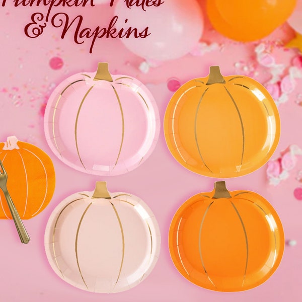 Pink & Orange Pumpkin Lunch Plates 8ct, Pastel Halloween Party Plates and Napkins Halloween Tableware, Spooktacular Birthday