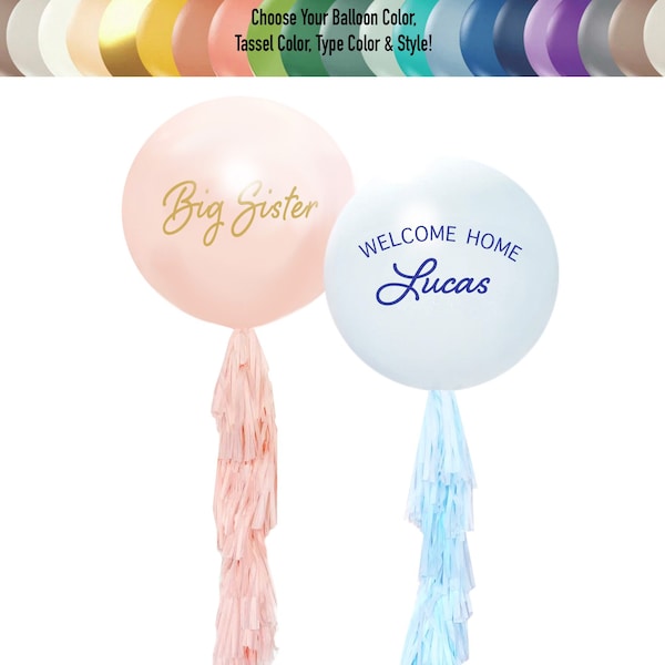 Baby Announcement balloon sign, baby number 2, 3, 4 Big Sister / Brother 3 ft, shower Welcome Baby Personalized Jumbo Balloons with Tassels