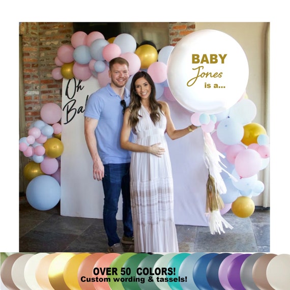 Personalized Gender Reveal Balloon w/ or w/o  Tassels, Giant 3 Foot Blush, White, Tan, Neutral Color Custom Name Lettering Kit with Confetti