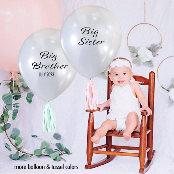 Big Sister or Big Brother New Baby Shower Gender Announcement 18" balloon w or w/o sticker date, Grandparent, Neutral, Blush, White, Blue