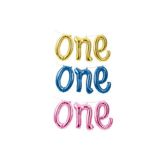 ONE Script Balloon in Gold, Pink, or Blue for First Birthday Balloons for Boy and Girl Decor Celebrations and Party Decorations Photo Banner