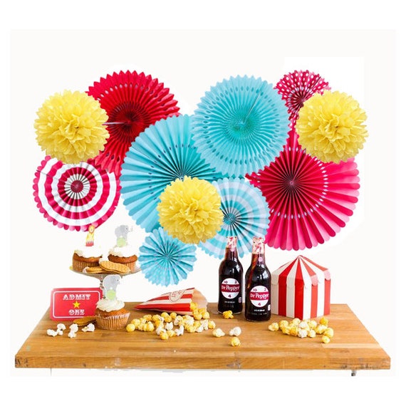 Carnival Party Decor, Backdrop Poms & Fans, a Circus Themed Party Ideas, Birthday Decorations, Theme Red, White, Yellow, Aqua
