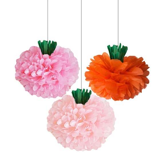 Pastel Pumpkin Decor, Hanging Pink Pumpkin Tissue Paper Poms, 3 Piece Set, Halloween Kids Decoration, Birthday Party