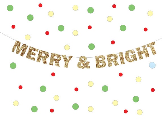 Merry and Bright Glitter Banner - Holiday Decoration, Christmas Decorations for a party or celebration