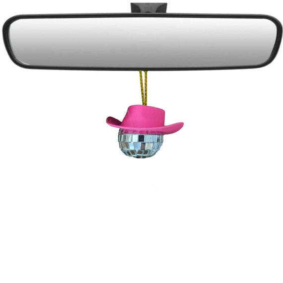 Pink Disco Cowboy Hat Car Rear View Mirror Accessory, Disco Ball Decor, Cowgirl Hanging Christmas Ornament, New Years Eve Drop 2023 Texas
