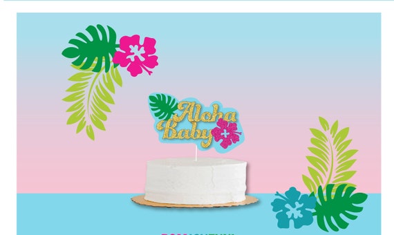 Aloha Baby Cake Topper for a Gender Reveal, Baby Shower or a Tropical Birthday in Glitter Gold, Hot Pink Green, Luau Girl Party