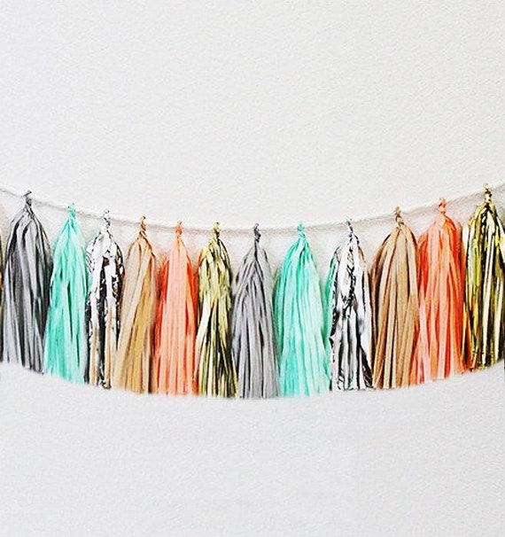 Mint and Coral Green tassel garland, in metallic gold, tan, mint, grey, metallic silver, and coral for a Baby shower, Wedding or Birthday