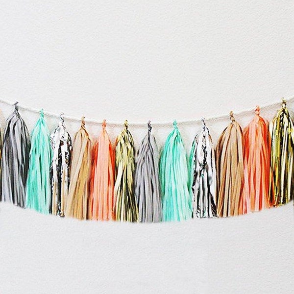 Mint and Coral Green tassel garland, in metallic gold, tan, mint, grey, metallic silver, and coral for a Baby shower, Wedding or Birthday