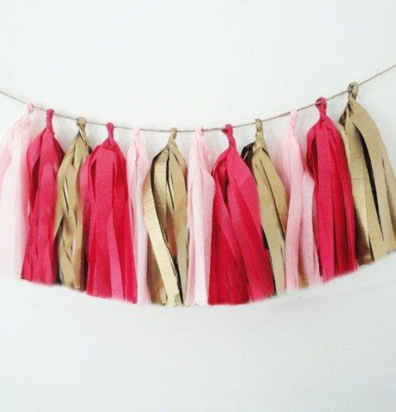 Tassel garland Hot Pink, Light Pink & Antique Gold Party Decoration, Valentines Wedding, Mother's Day, Baby Shower, Bachelorette Party Decor