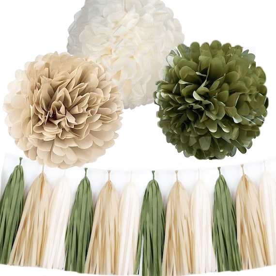 Neutral Party Decor, Baby Shower tissue paper flower poms and tassels, Eucalyptus, celadon, forest, olive, Bridal Boho  bachelorette decor