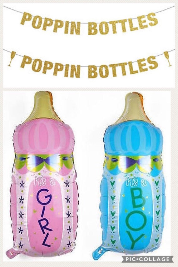 Poppin Bottles Baby Shower Decor Banner and Baby Bottle Balloons in Pink and Blue Bottle, Gender Reveal & Baby Shower Ideas