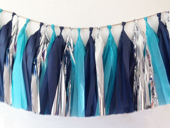 Navy Tissue Tassel Garland, with Turquoise Blue, & Metallic Silver It's a Boy Decor, Great for Baby Shower, Wedding or Birthday Parties