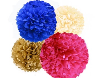Tissue Poms In Hot Pink and Royal Blue & Gold, Hot Pink and Royal Blue Paper Flowers, Gender Reveal Party Decor Customize your colors