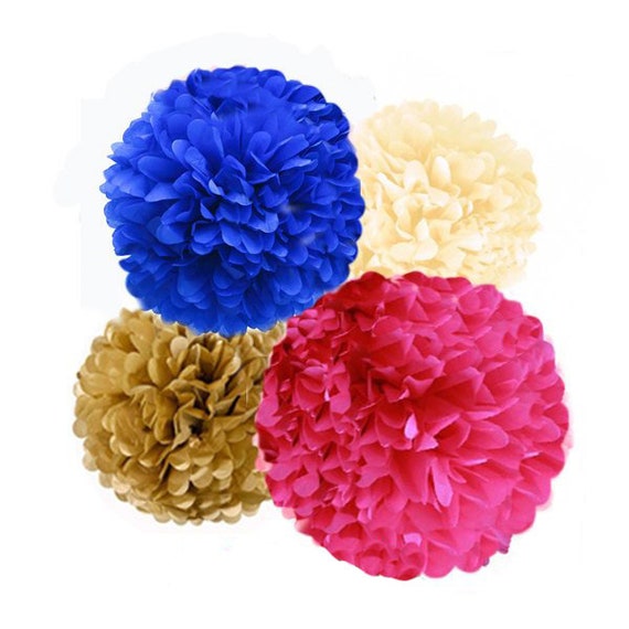 Blue and Pink Tissue Poms Gender Reveal, Birthday. Baby Shower Decor Hot Pink and Royal Blue & Gold, Paper Flowers Decor