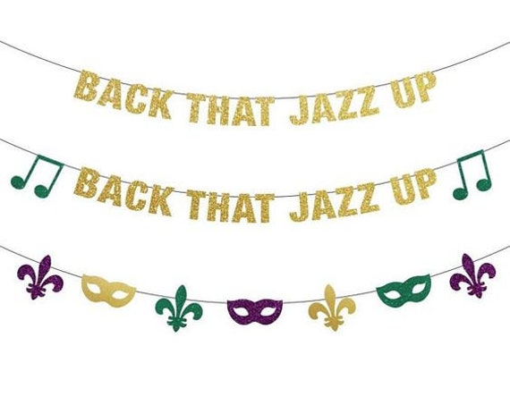 Mardi Gras Banner Decorations, Back that Jazz Up Banner,  Poms, mardi gras fans, Funny mask fleur de lis , Gold, Purple Green, Party decor