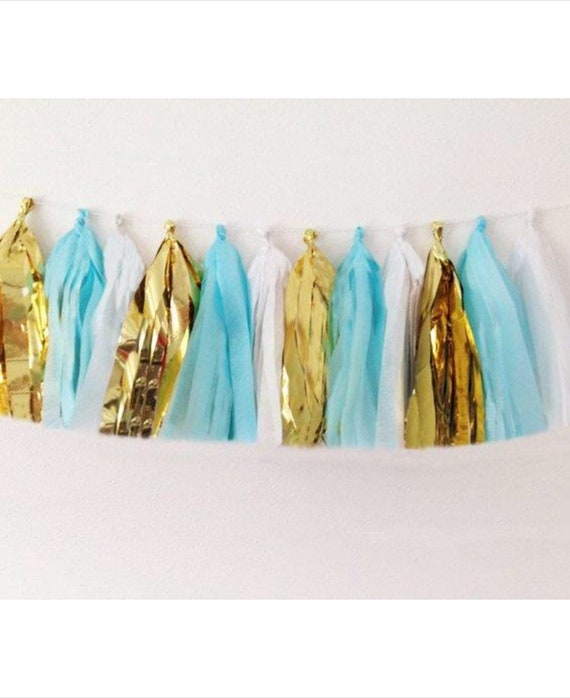 Light blue, metallic gold and white Tissue Paper Tassel garland, Wedding decor birthday Party Decorations, it’s a boy baby shower, custom