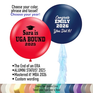 Custom College Balloons w tassels 2025, High school grad, JUMBO 3 ft School Colors, Personalized Party Decor, Grad Cap, Masters, Doctorate
