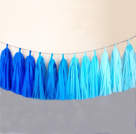 Blue Ombre Tissue Tassel Garland in Blue, Turquoise, Sky Blue, and Light Blue for Birthday Party Decor, Boy Baby Garland Shower Decorations