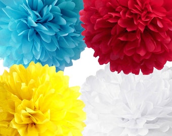 Carnival Party Tissue Pom Poms a Circus Themed Party Ideas, Birthday Backdrop Decorations, Theme Red, White, Yellow and Aqua Party Decor